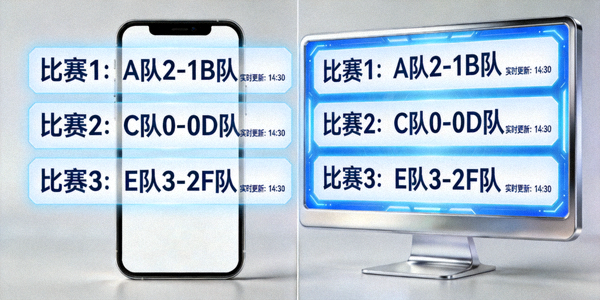 精准的比分数据在手机和电脑屏幕上同步显示的示意图，显示多场比赛的实时数据